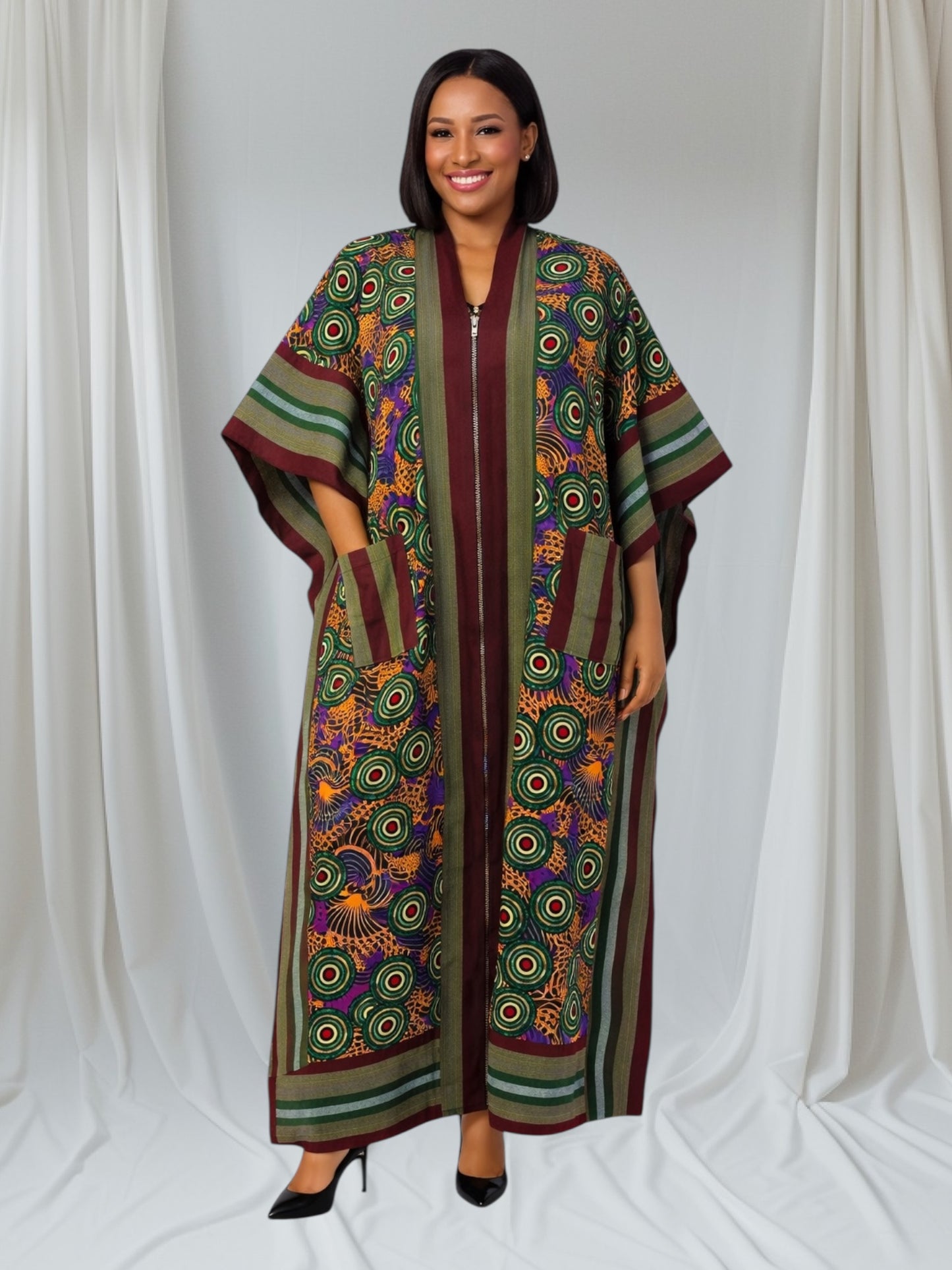 CRZ African Ankara Long Kimono Kaftan Design With Aso Oke Fabric