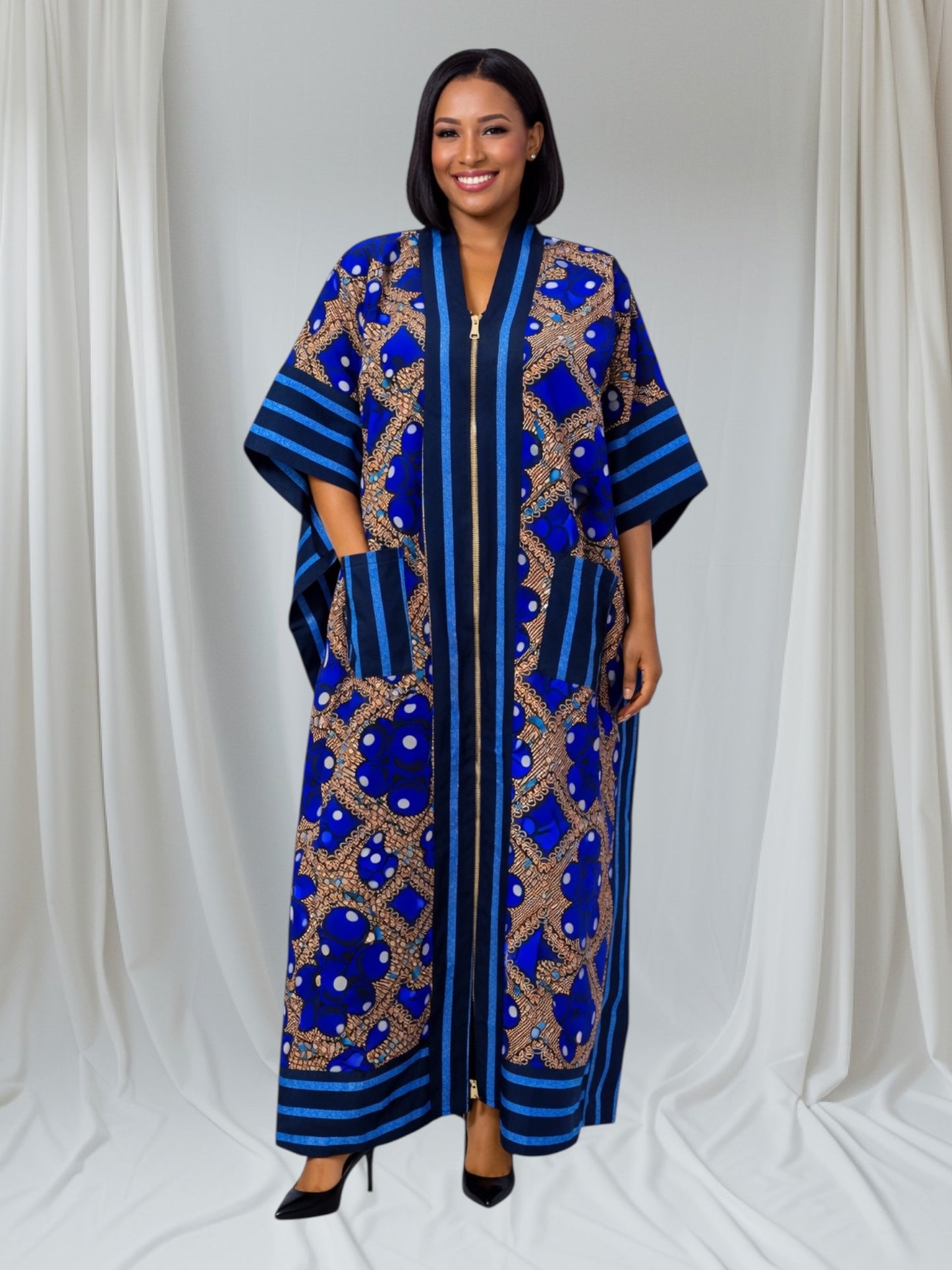 CRZ African Ankara Long Kimono Kaftan Design With Aso Oke Fabric
