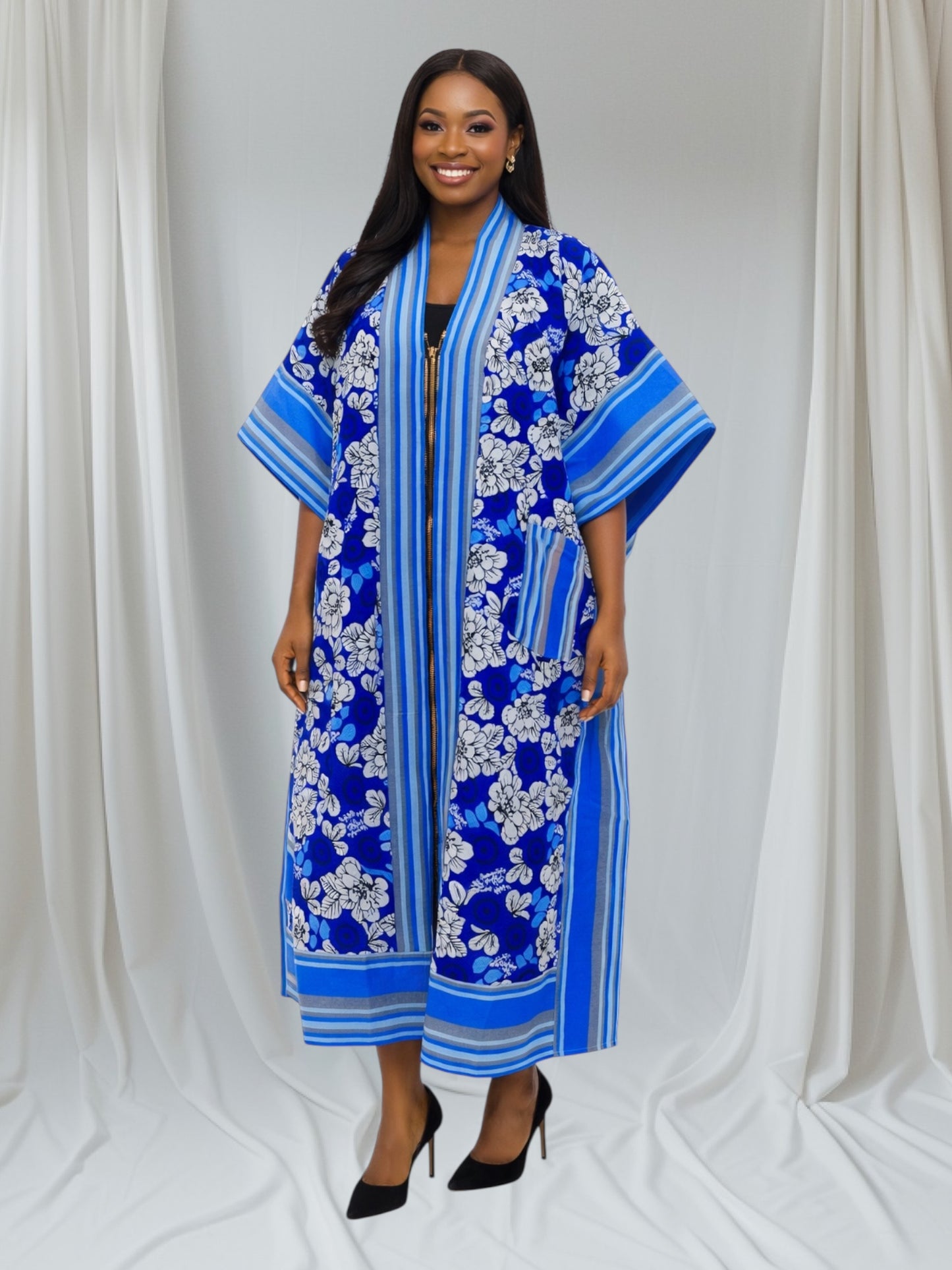 CRZ African Ankara Long Kimono Kaftan Design With Aso Oke Fabric