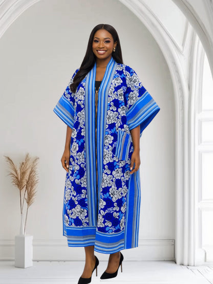 CRZ African Ankara Long Kimono Kaftan Design With Aso Oke Fabric