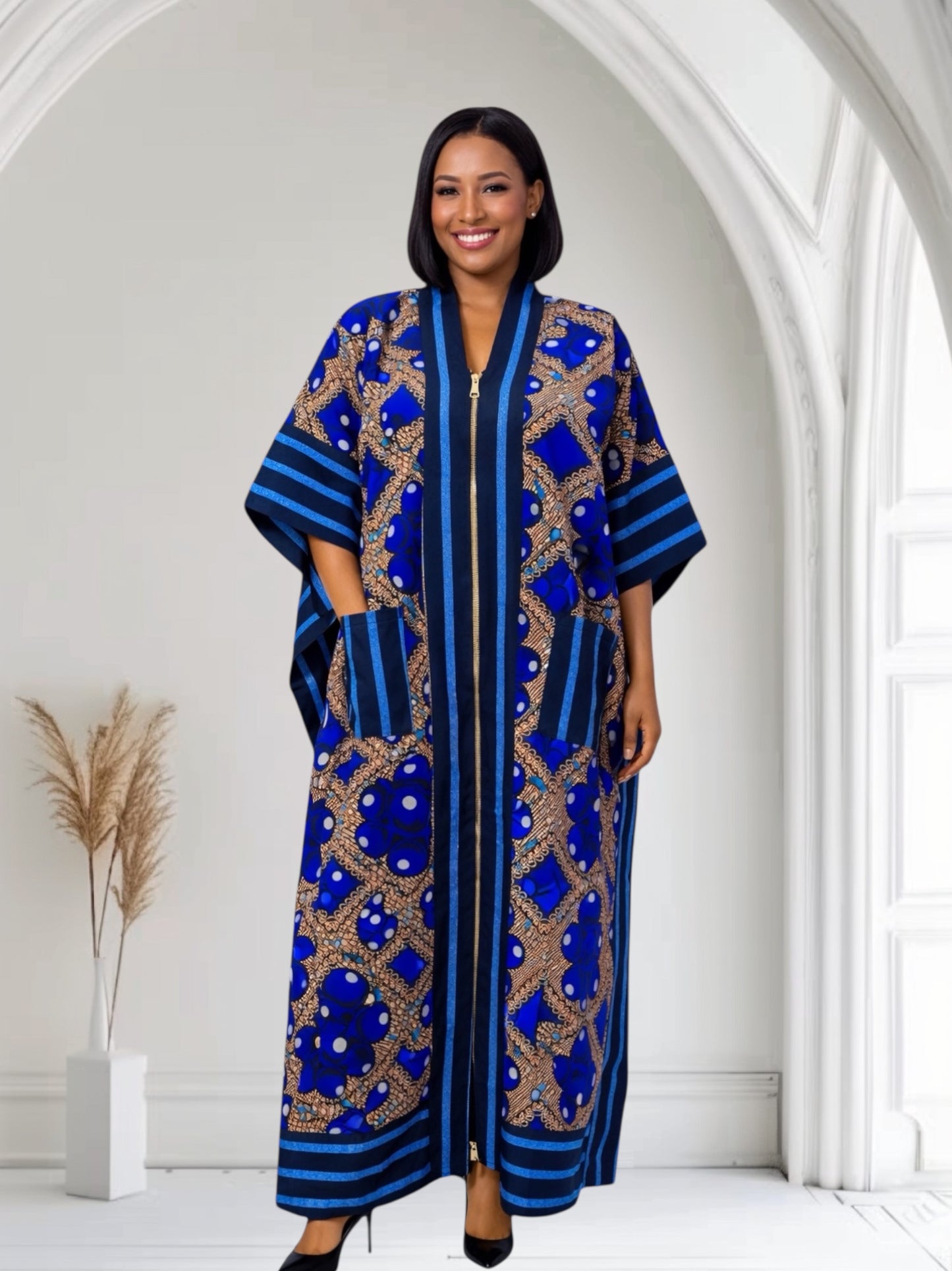 CRZ African Ankara Long Kimono Kaftan Design With Aso Oke Fabric