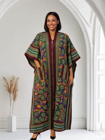 CRZ African Ankara Long Kimono Kaftan Design With Aso Oke Fabric
