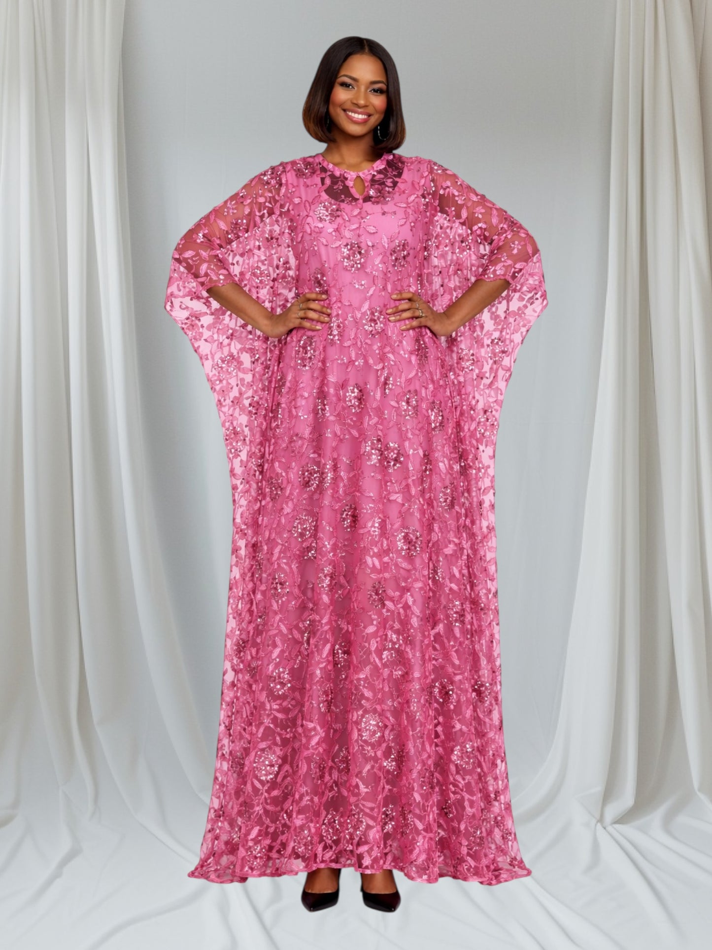CRZ 59 Inches Long Luxury Sequin Lace Bubu Kaftan Dress