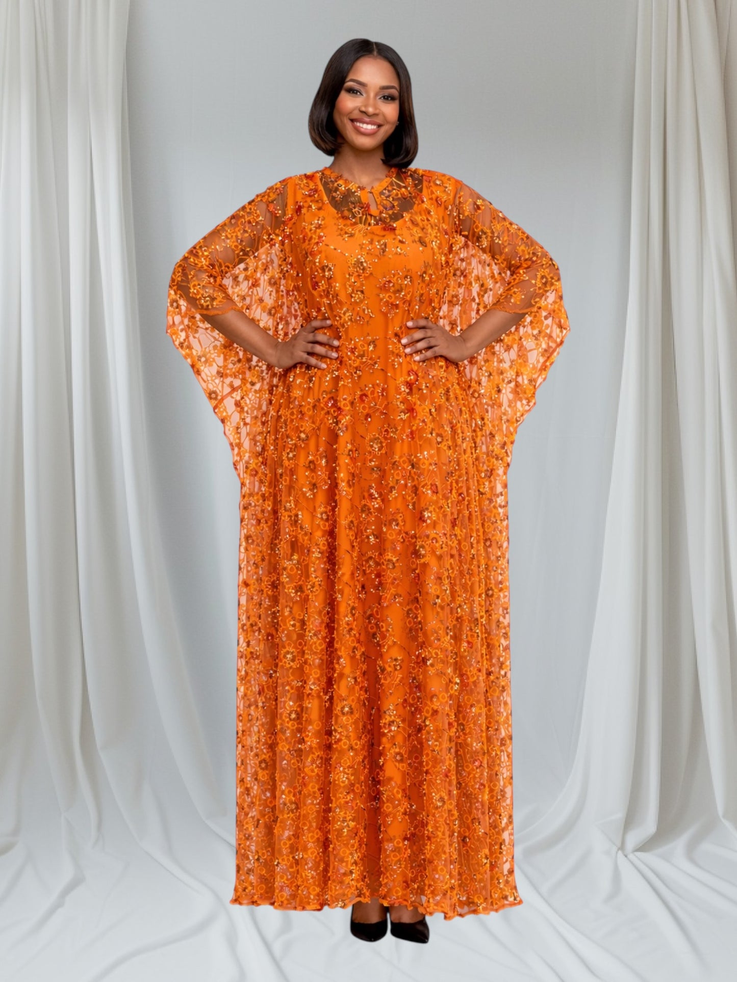 CRZ 59 Inches Long Luxury Sequin Lace Bubu Kaftan Dress