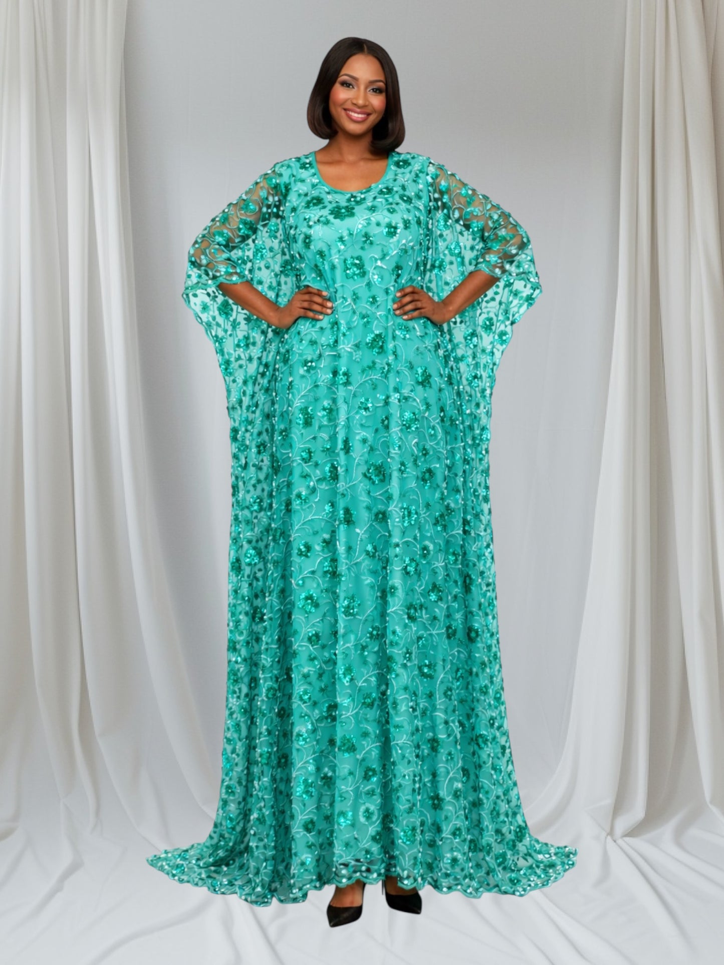CRZ 59 Inches Long Luxury Sequin Lace Bubu Kaftan Dress