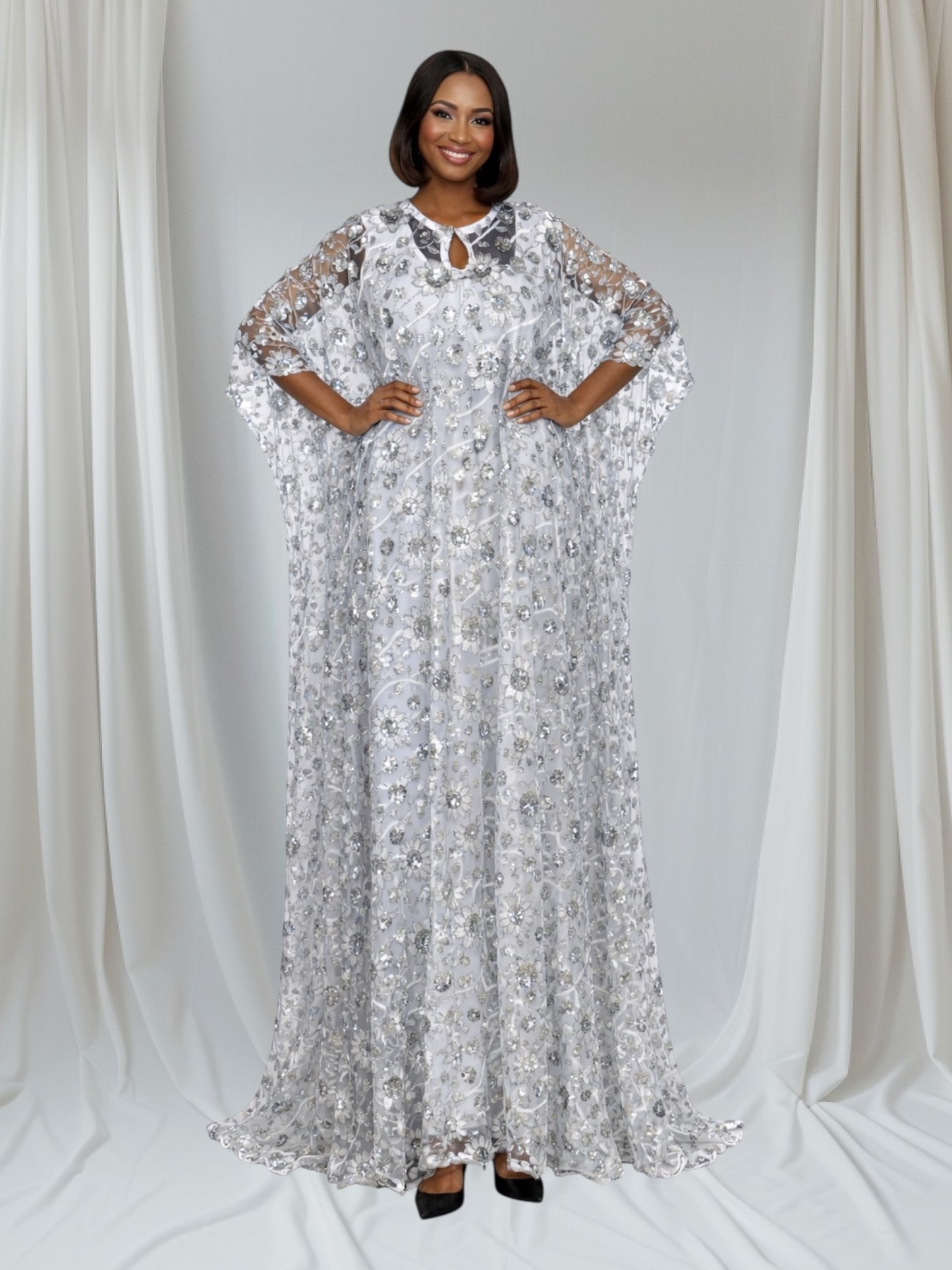 CRZ 59 Inches Long Luxury Sequin Lace Bubu Kaftan Dress