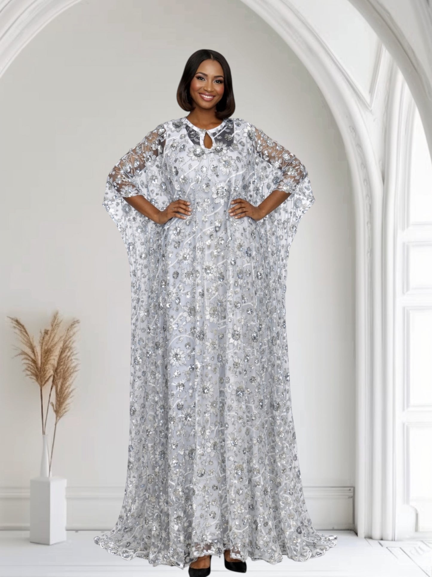 CRZ 59 Inches Long Luxury Sequin Lace Bubu Kaftan Dress