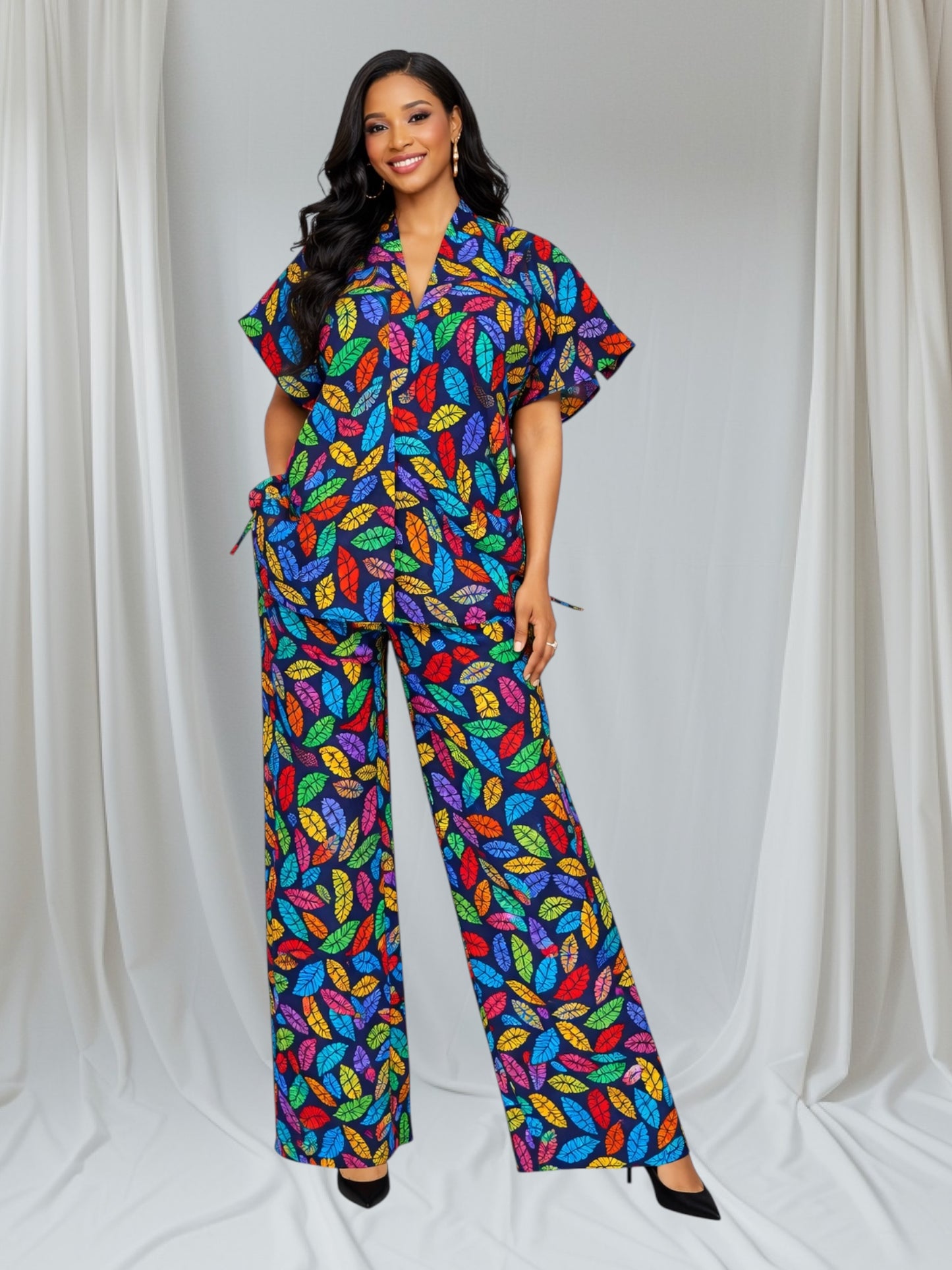 CRZ Elegant African Print Top With Side Draw String and Palazzo Pant Trousers