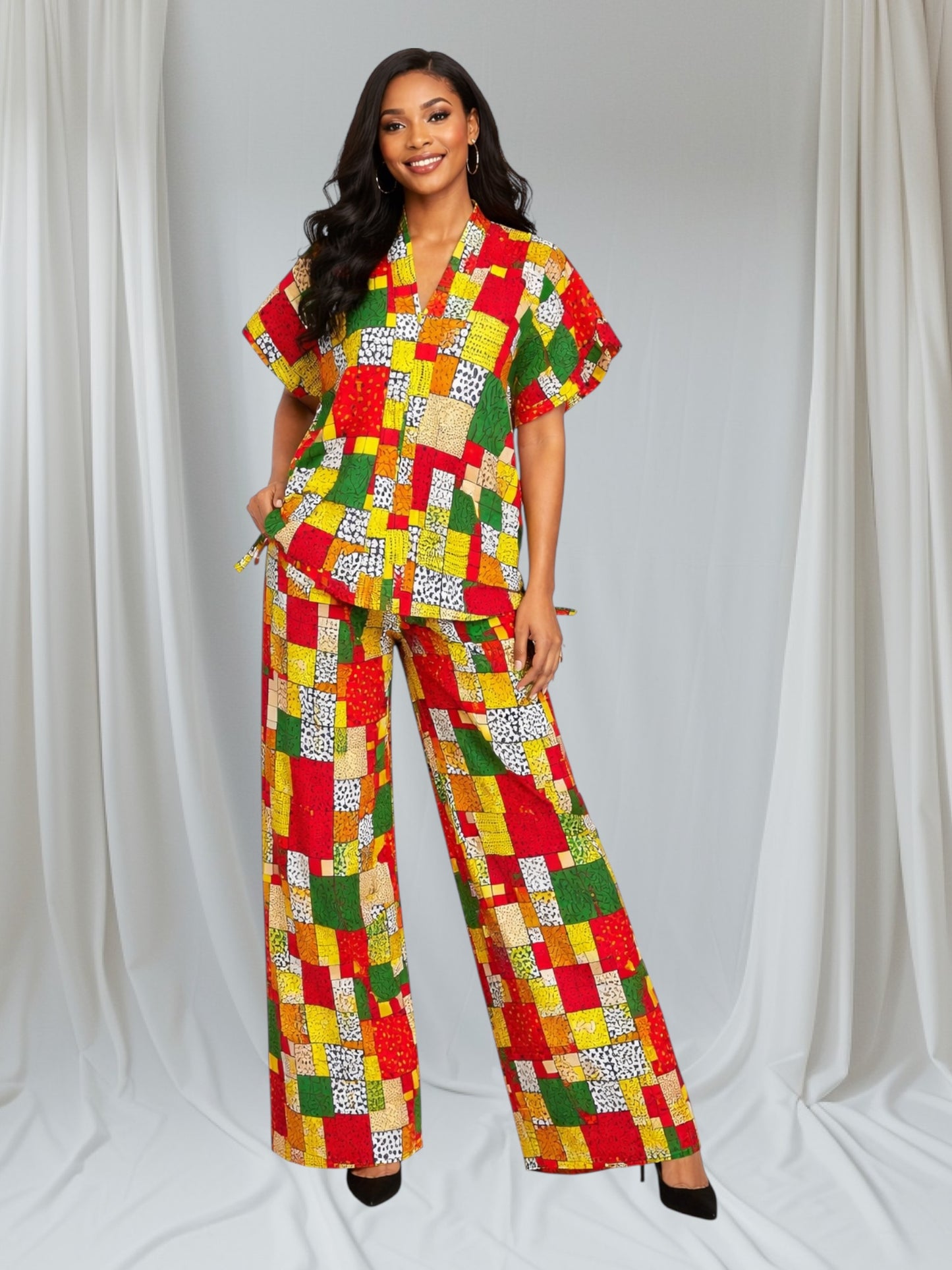 CRZ Elegant African Print Top With Side Draw String and Palazzo Pant Trousers