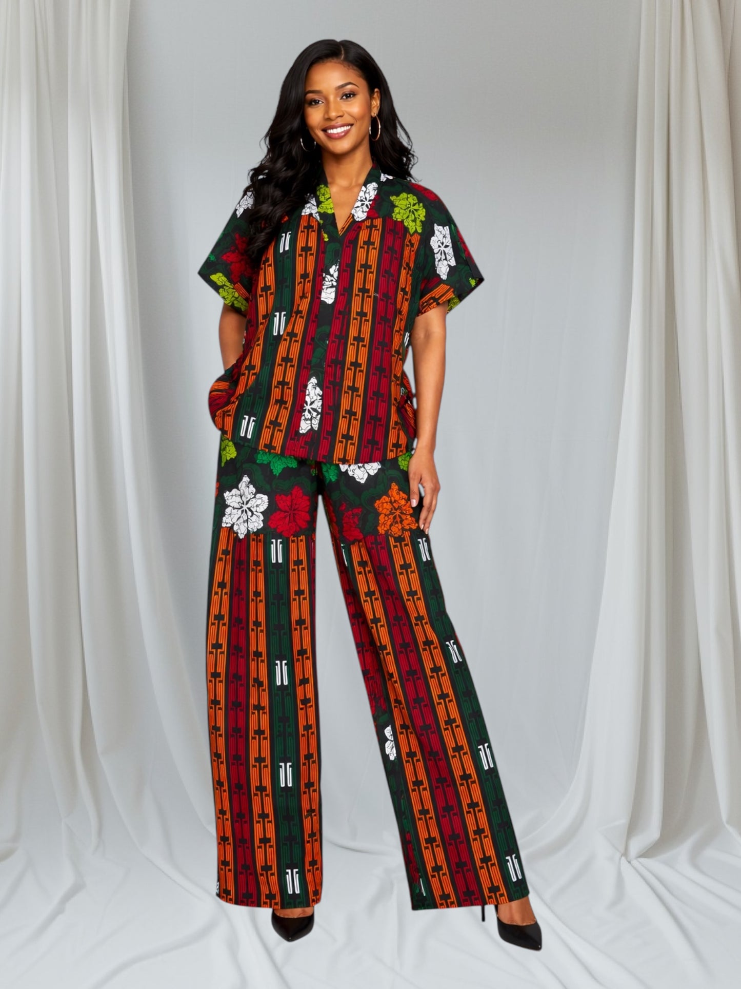 CRZ Elegant African Print Top With Side Draw String and Palazzo Pant Trousers