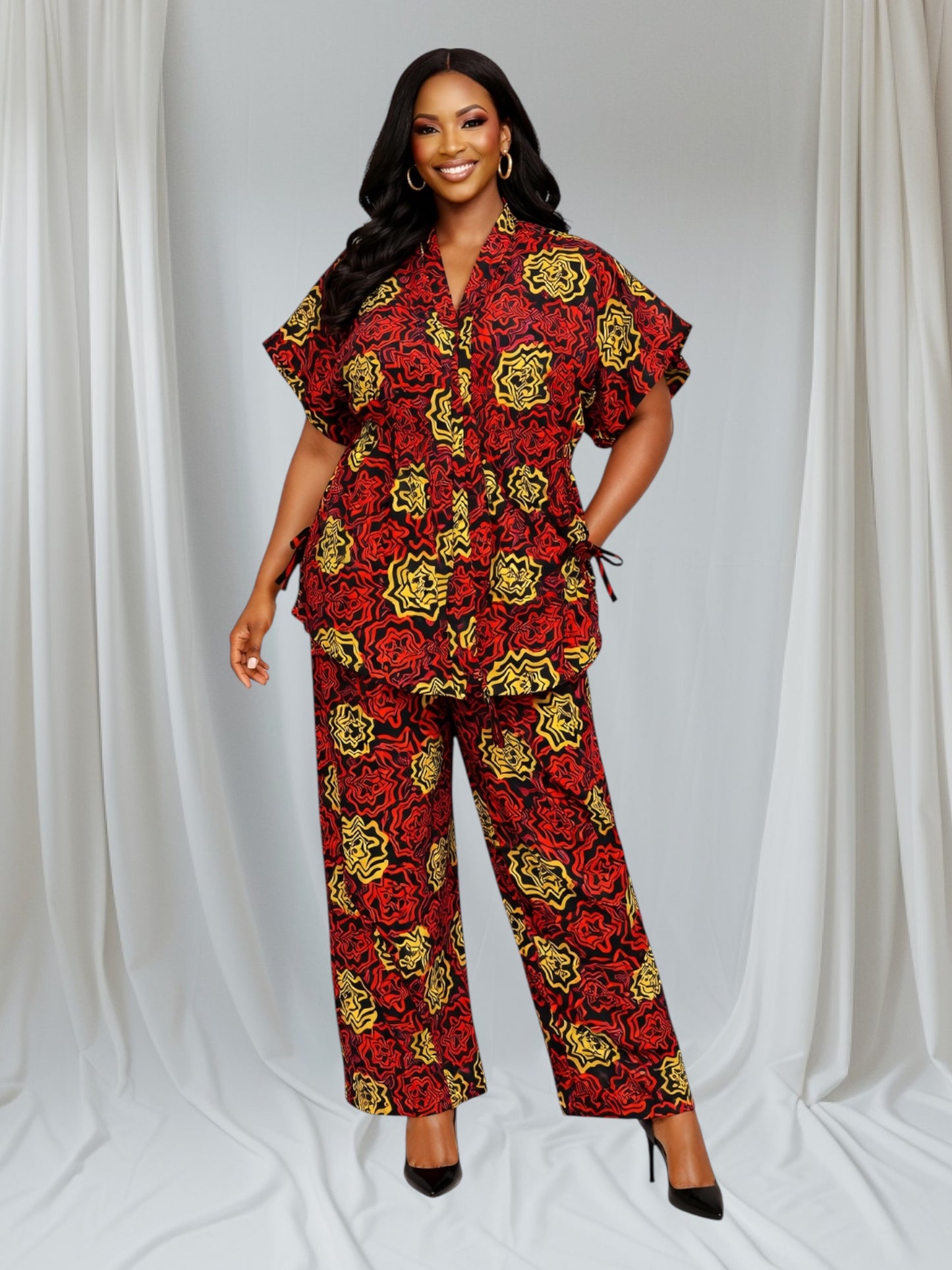 CRZ Elegant African Print Top With Side Draw String and Palazzo Pant Trousers