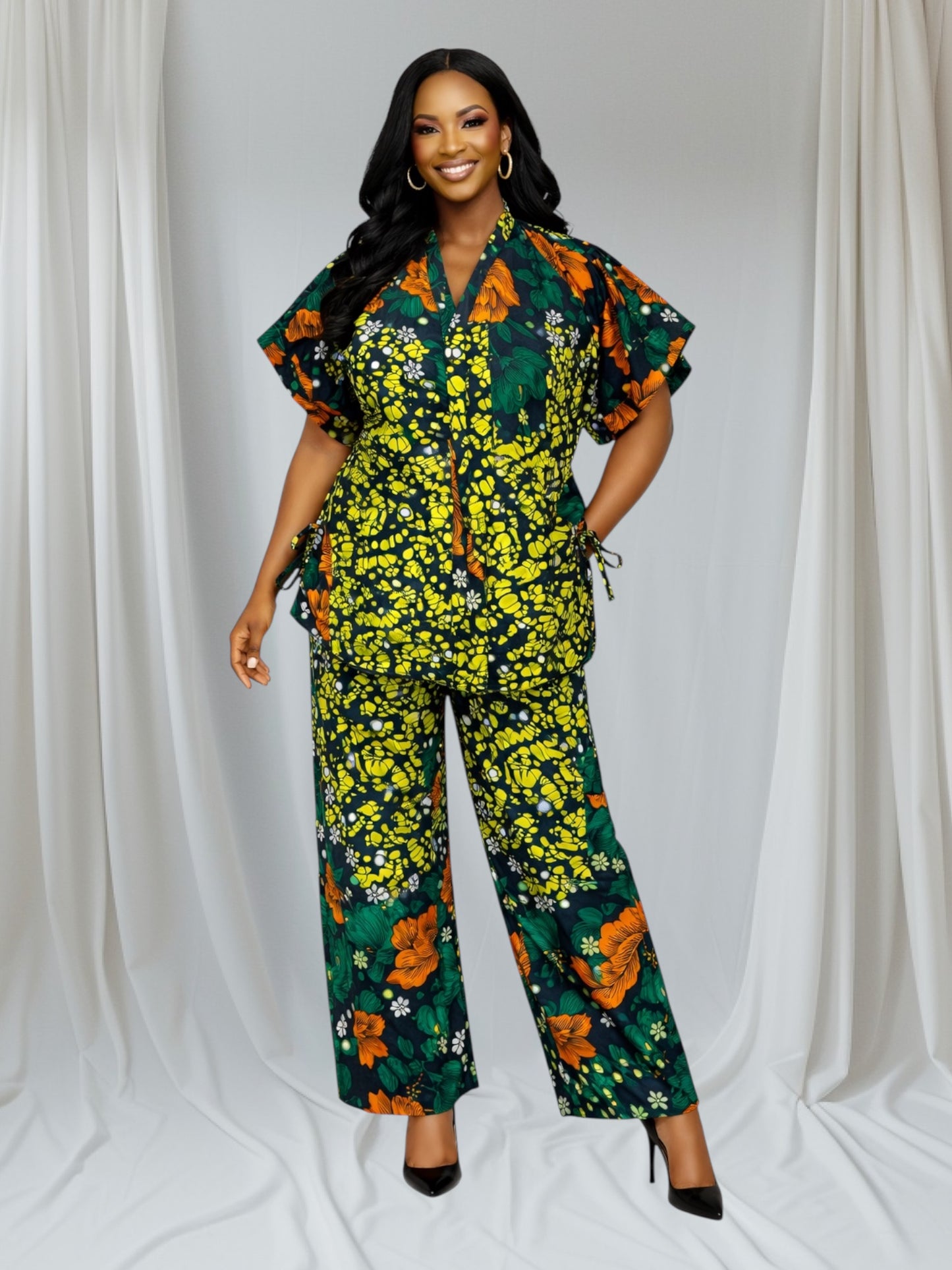 CRZ Elegant African Print Top With Side Draw String and Palazzo Pant Trousers