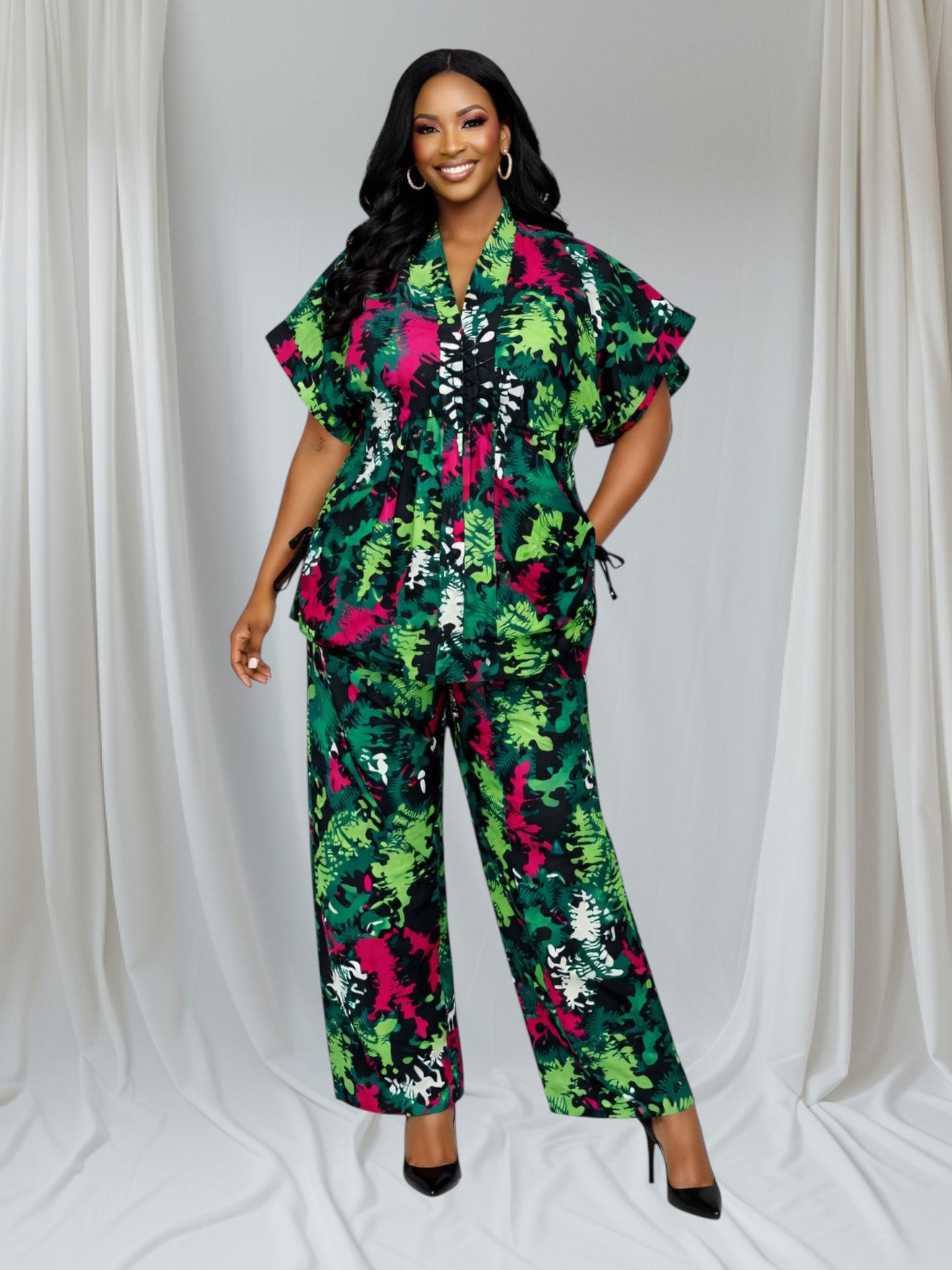 CRZ Elegant African Print Top With Side Draw String and Palazzo Pant Trousers