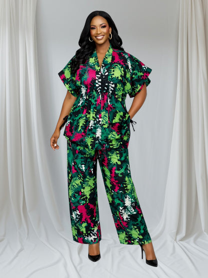 CRZ Elegant African Print Top With Side Draw String and Palazzo Pant Trousers