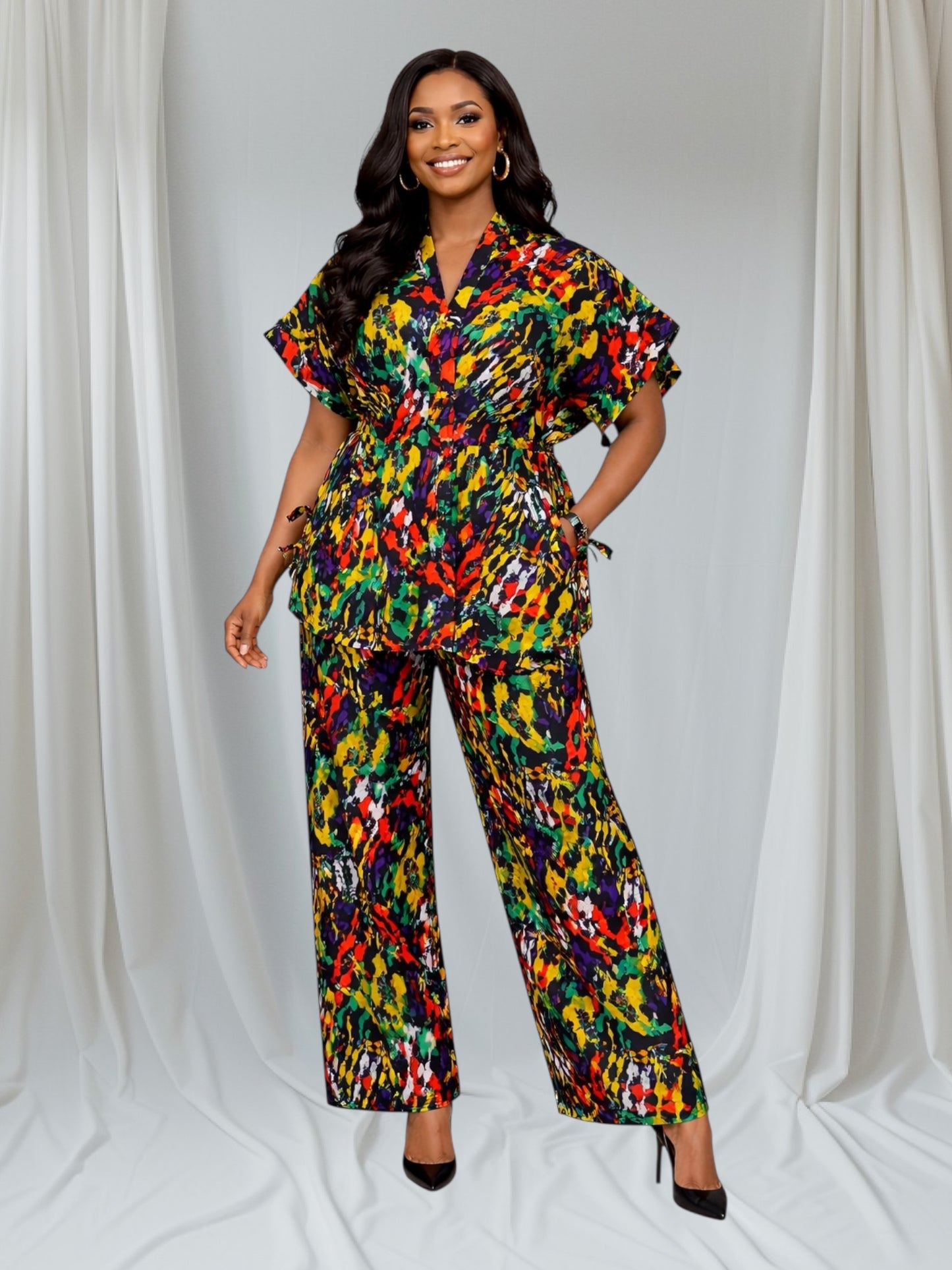 CRZ Elegant African Print Top With Side Draw String and Palazzo Pant Trousers