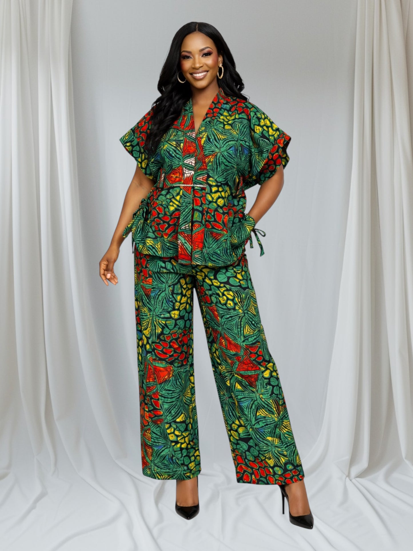 CRZ Elegant African Print Top With Side Draw String and Palazzo Pant Trousers