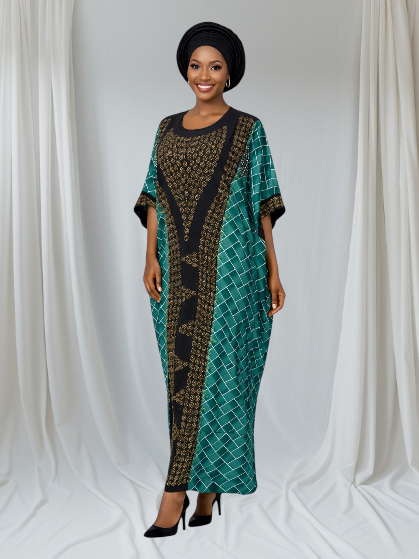 Crescenza Elegant African Print Kaftan Maxi Dress Rhinestones Embellishment 25002
