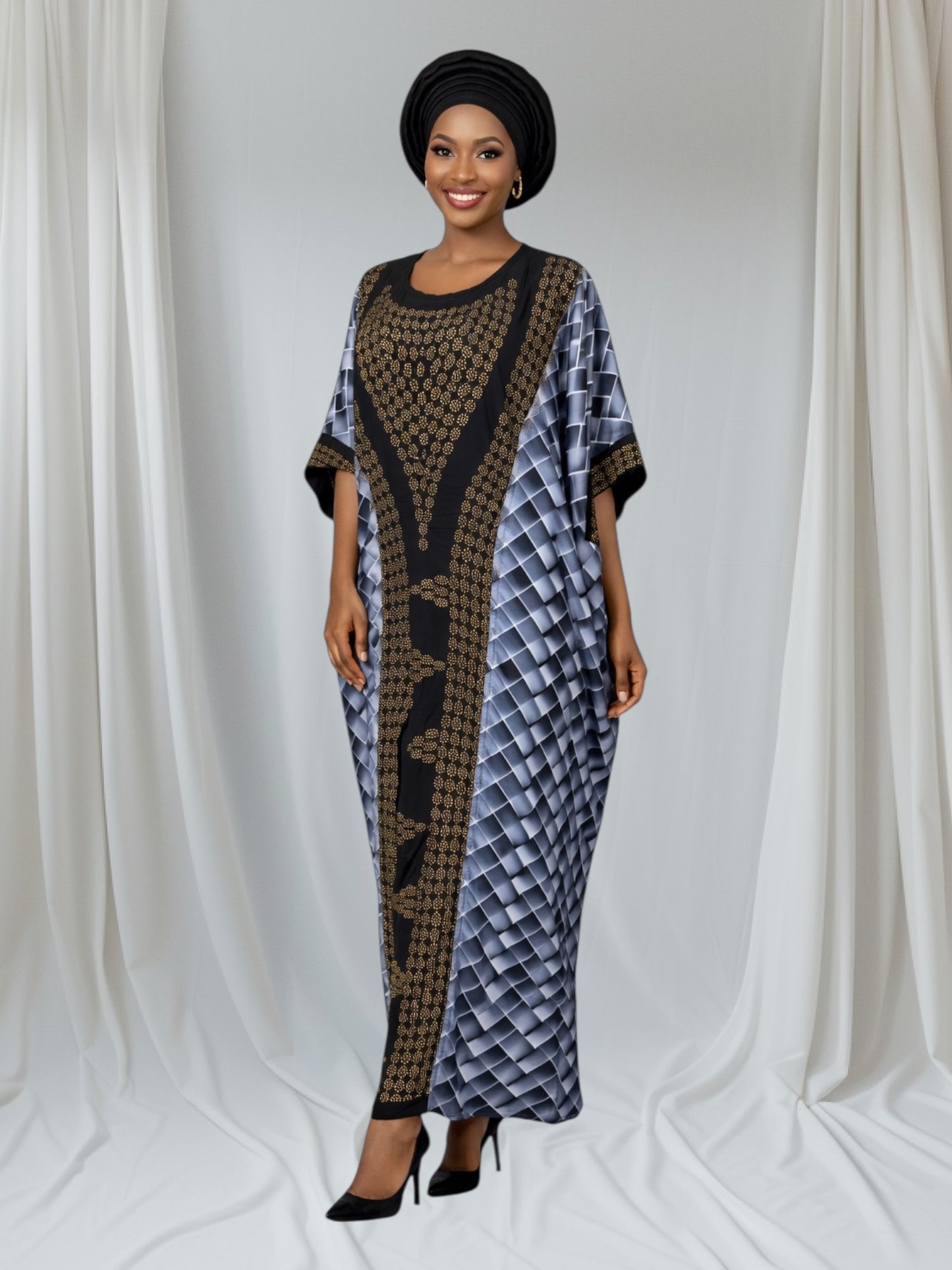 Crescenza Elegant African Print Kaftan Maxi Dress Rhinestones Embellishment 25002