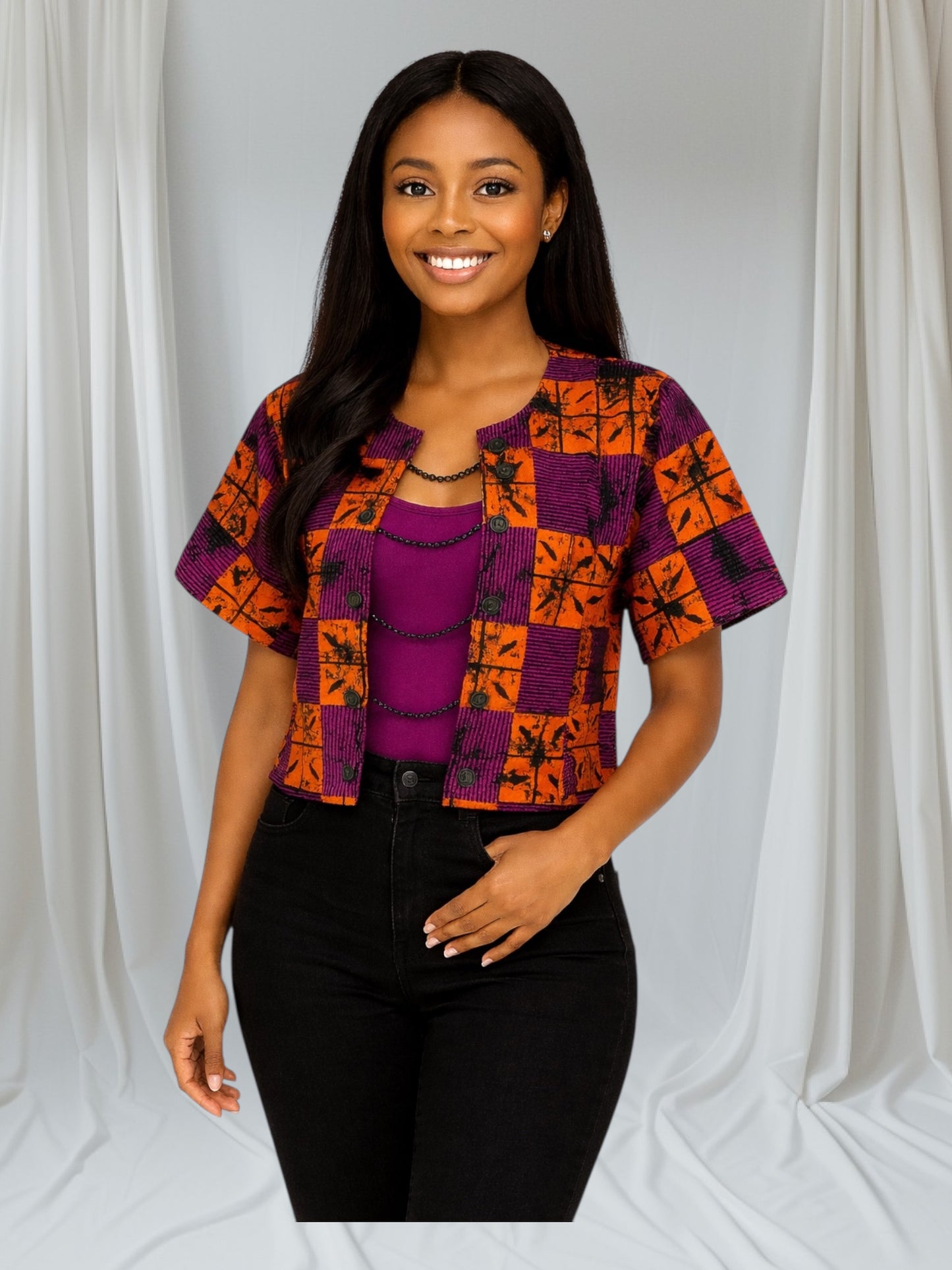 CRZ Vibrant Ankara Crop Jacket With Beads Embellishment