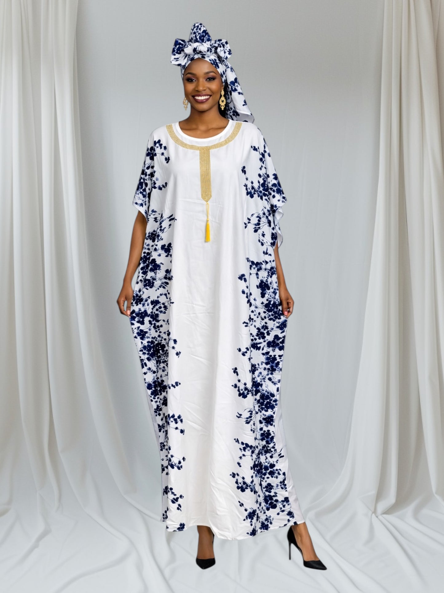 CRZ Kaftan Dress Embellished With Gold Color Rhinestones 048