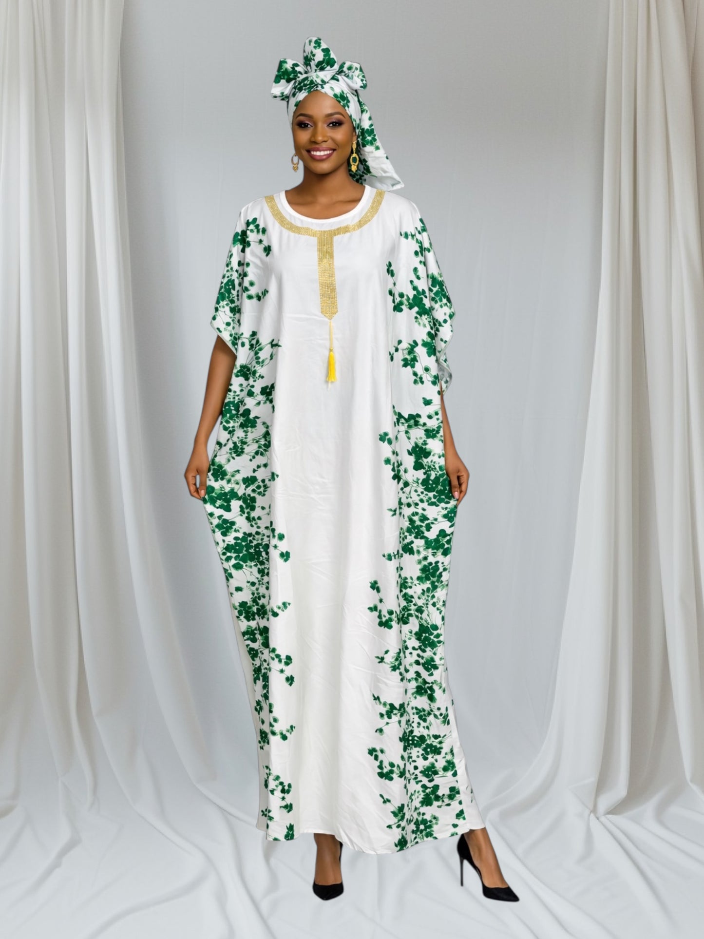 CRZ Kaftan Dress Embellished With Gold Color Rhinestones 048