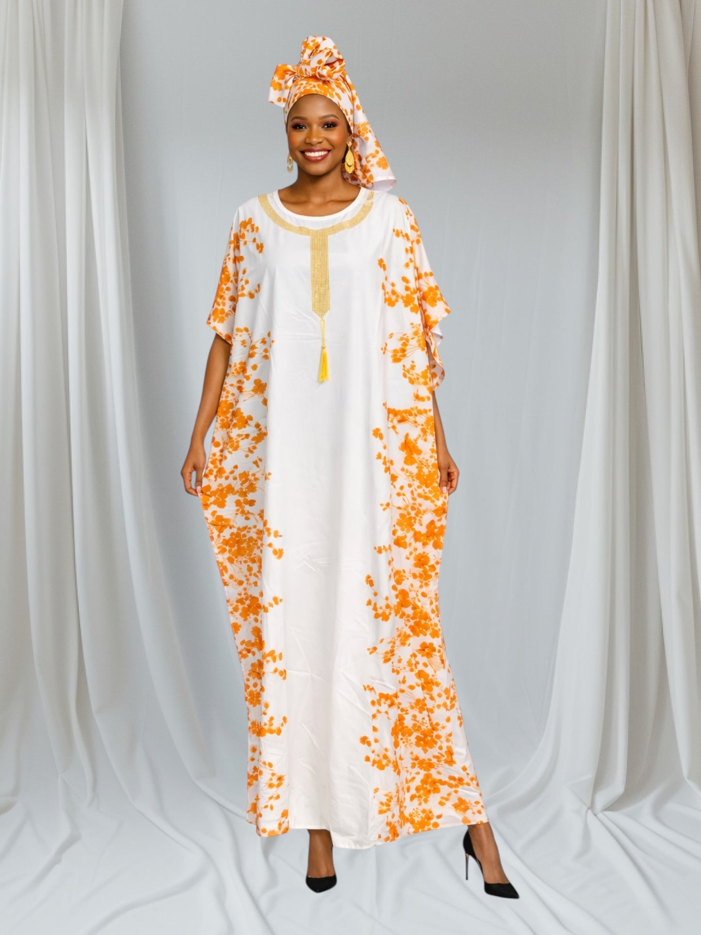 CRZ Kaftan Dress Embellished With Gold Color Rhinestones 048