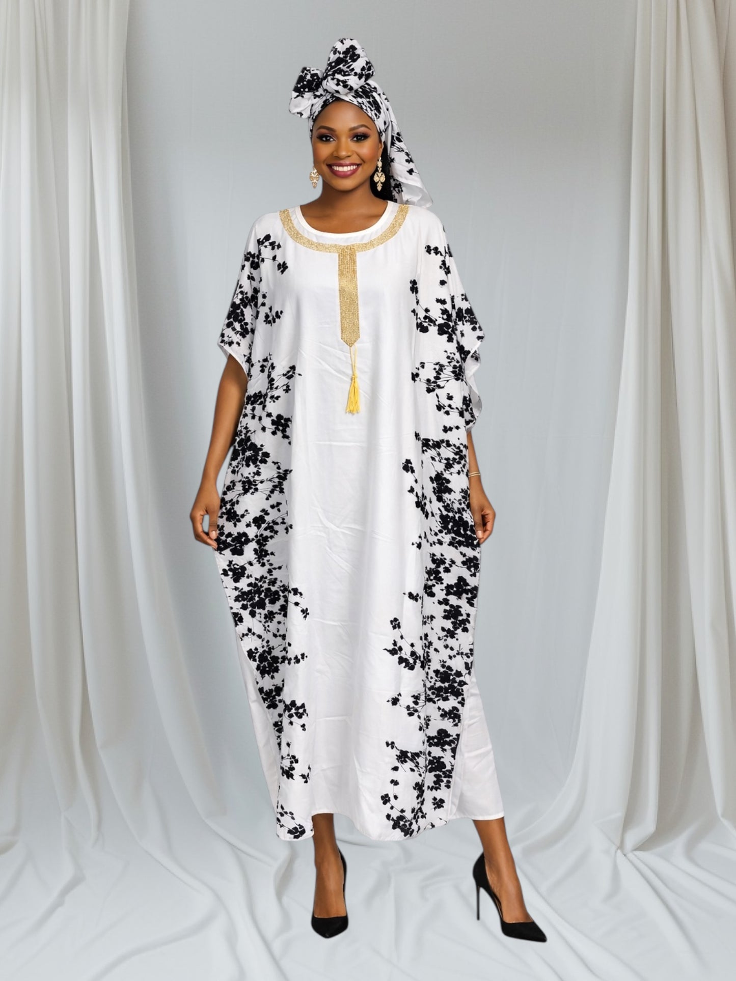 CRZ Kaftan Dress Embellished With Gold Color Rhinestones 048
