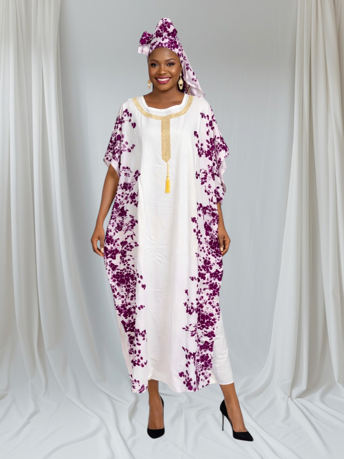 CRZ Kaftan Dress Embellished With Gold Color Rhinestones 048