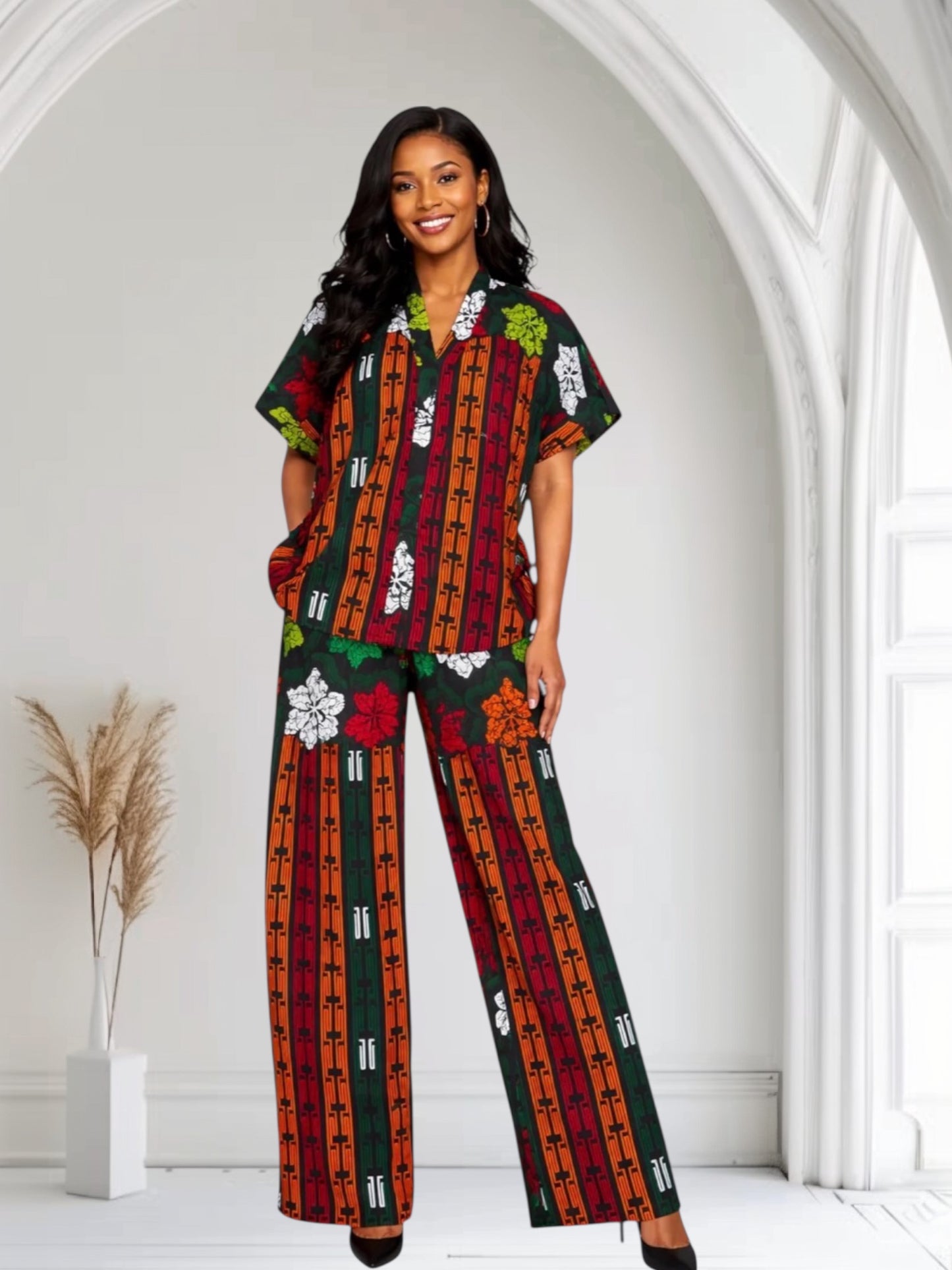 CRZ Elegant African Print Top With Side Draw String and Palazzo Pant Trousers