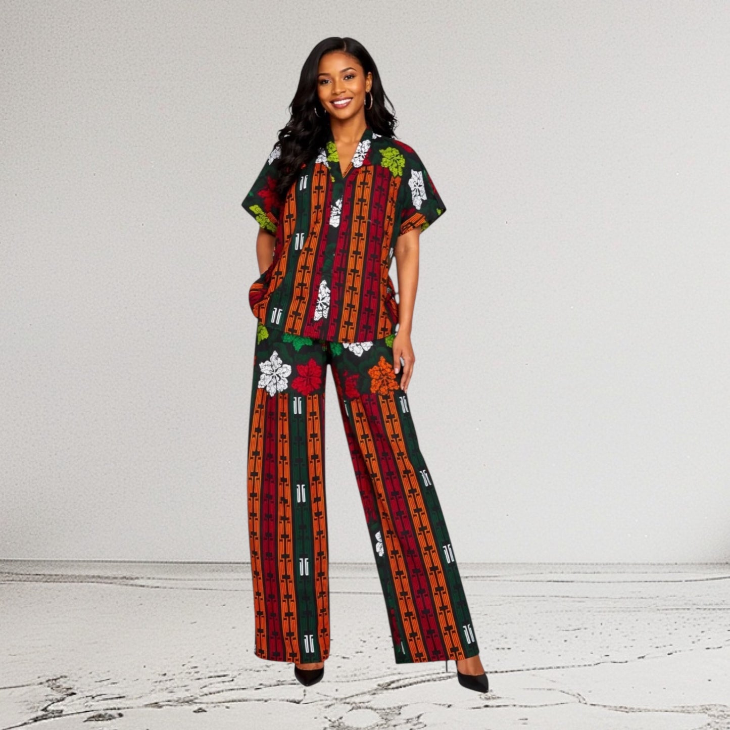 CRZ Elegant African Print Top With Side Draw String and Palazzo Pant Trousers