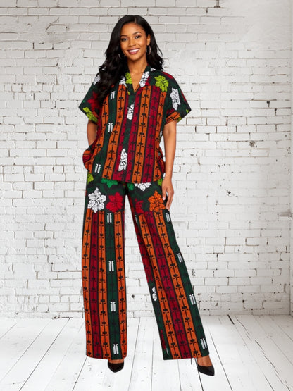 CRZ Elegant African Print Top With Side Draw String and Palazzo Pant Trousers