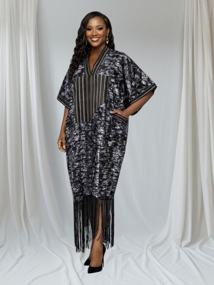 CRZ Elegant Adire African Kaftan Dress With Fringe Hem