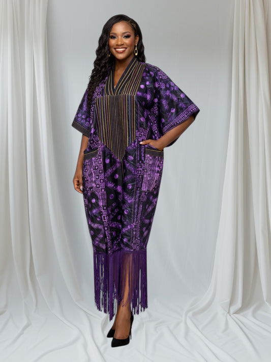 CRZ Elegant Adire African Kaftan Dress With Fringe Hem