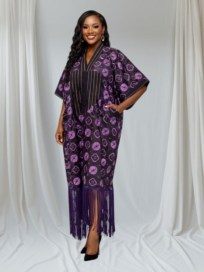 CRZ Elegant Adire African Kaftan Dress With Fringe Hem