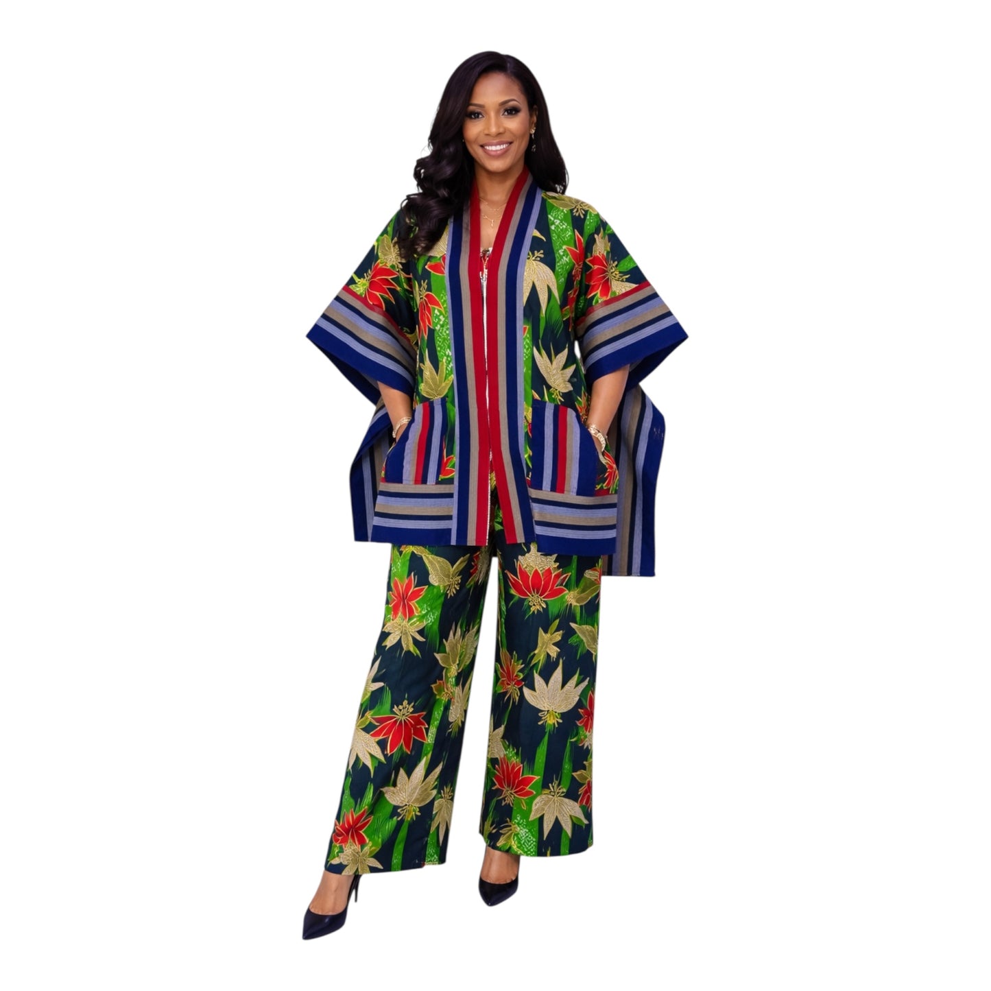 CRZ Royal Apparel Ankara Kimono Jacket and Pant Set With Zipper