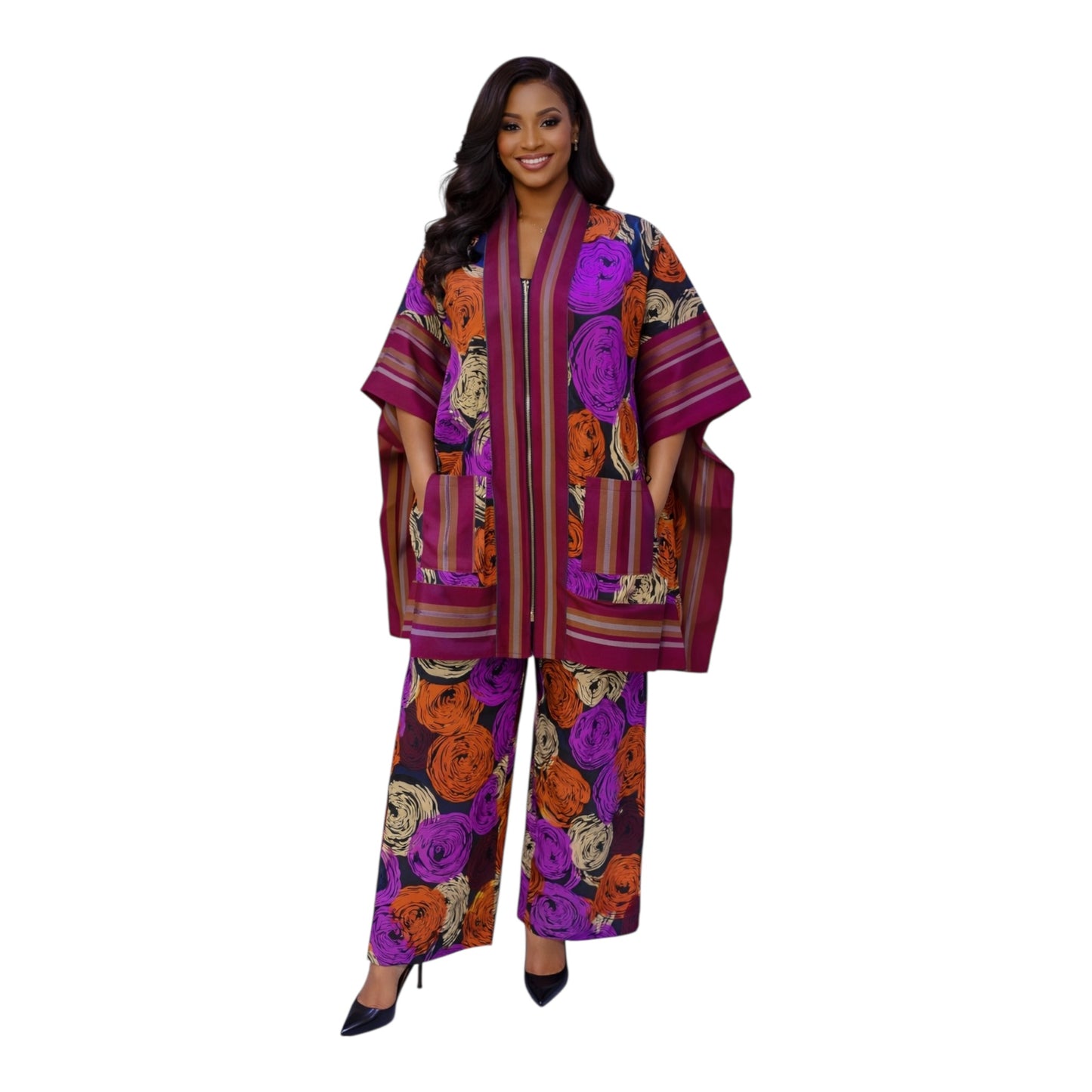 CRZ Royal Apparel Ankara Kimono Jacket and Pant Set With Zipper