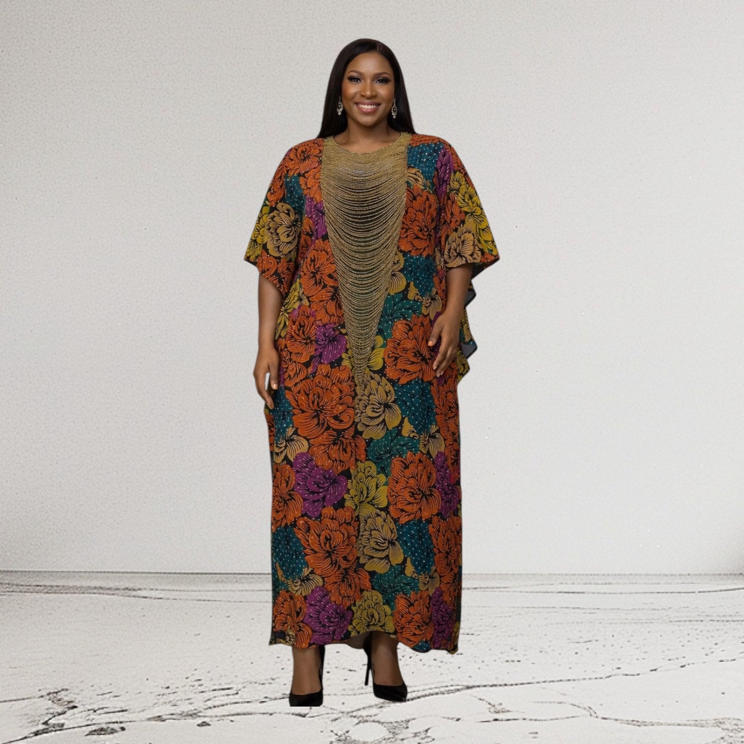 CRZ 60 Inches Long Ankara Dress Embellished With Rhinestones and Beads