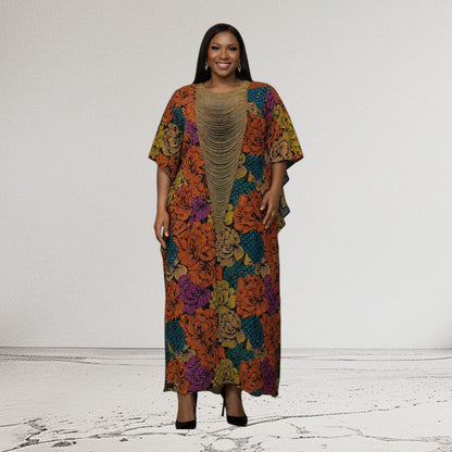 CRZ 60 Inches Long Ankara Dress Embellished With Rhinestones and Beads