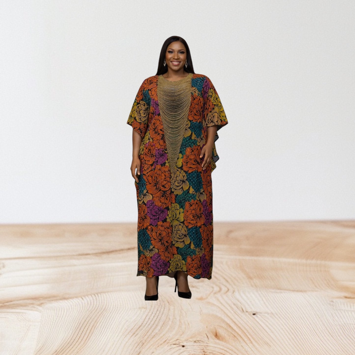CRZ 60 Inches Long Ankara Dress Embellished With Rhinestones and Beads