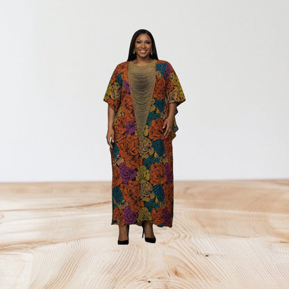 CRZ 60 Inches Long Ankara Dress Embellished With Rhinestones and Beads
