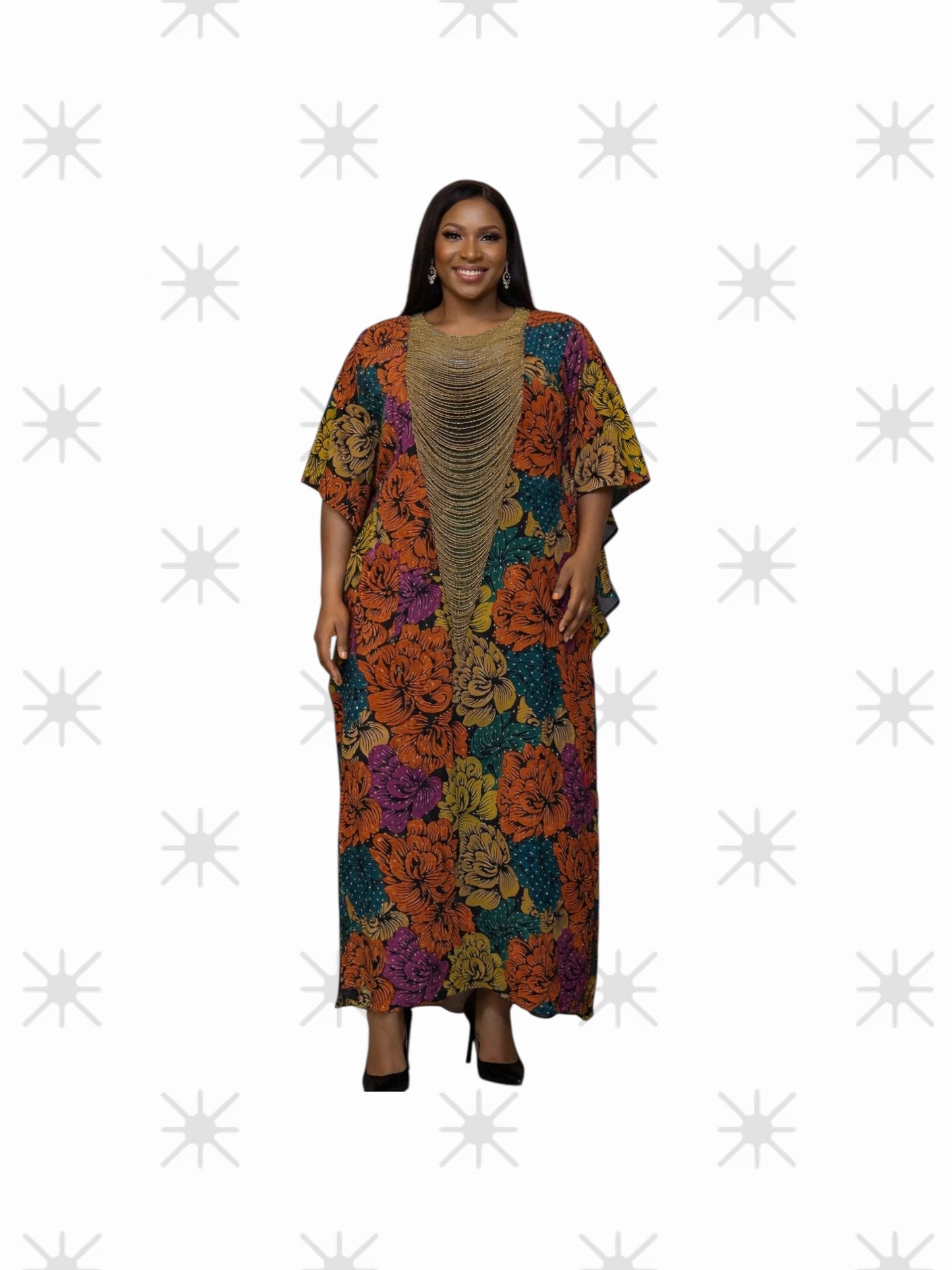CRZ 60 Inches Long Ankara Dress Embellished With Rhinestones and Beads