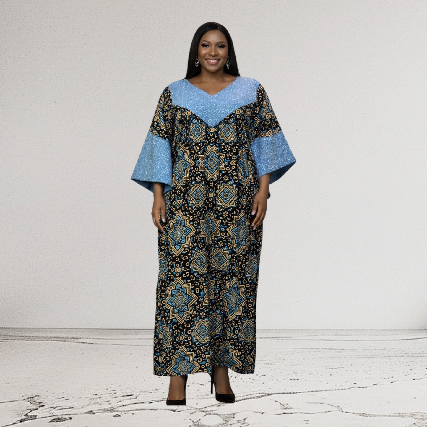 CRZ 60 Inches Long Ankara Dress Embellished With Rhinestones