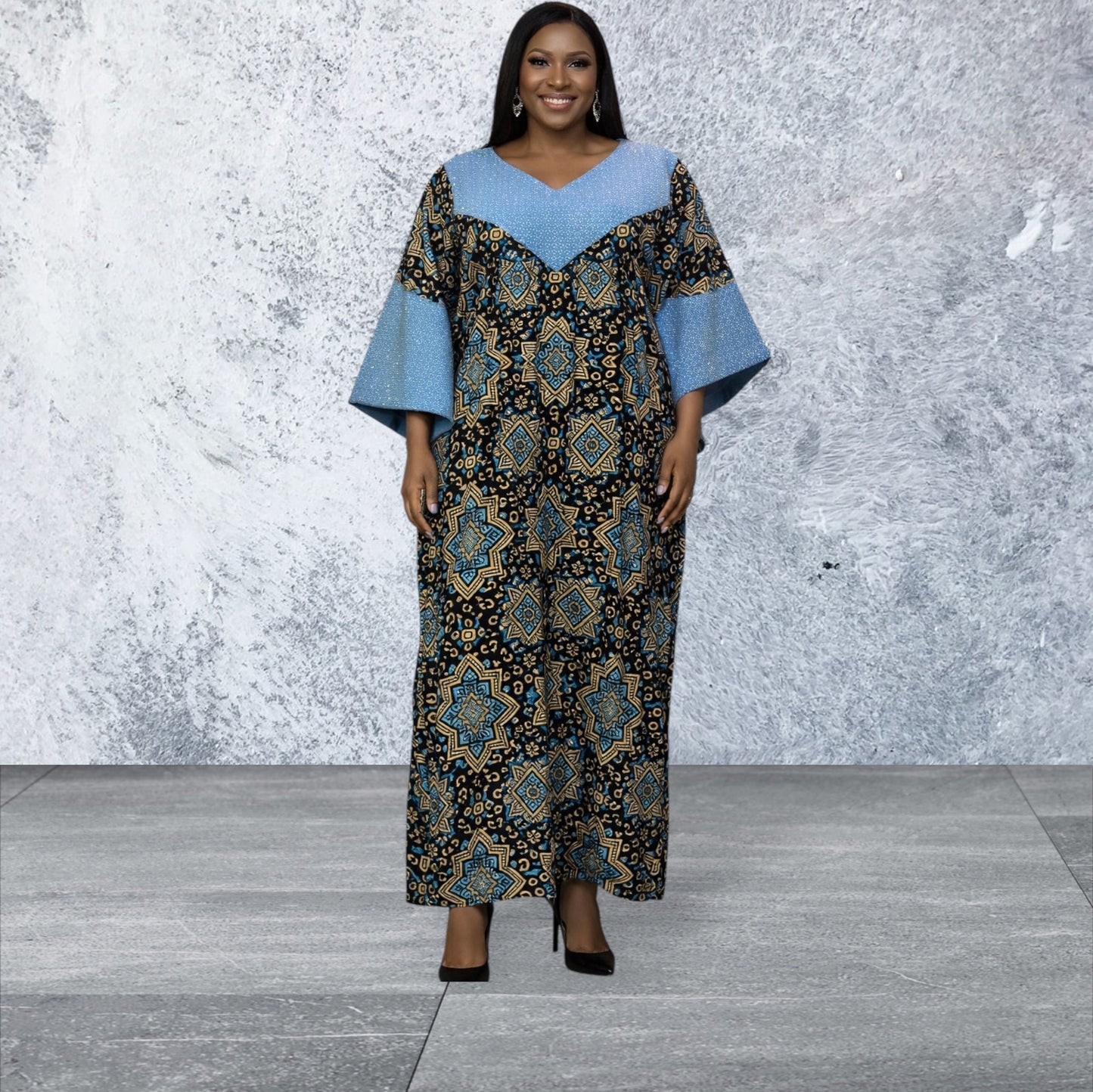 CRZ 60 Inches Long Ankara Dress Embellished With Rhinestones