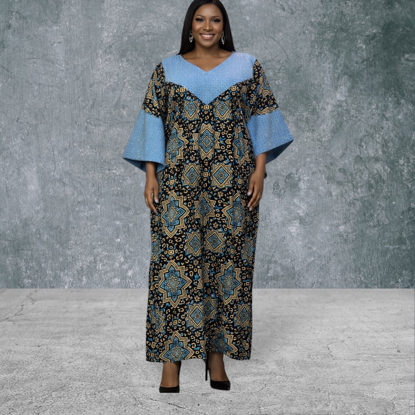 CRZ 60 Inches Long Ankara Dress Embellished With Rhinestones