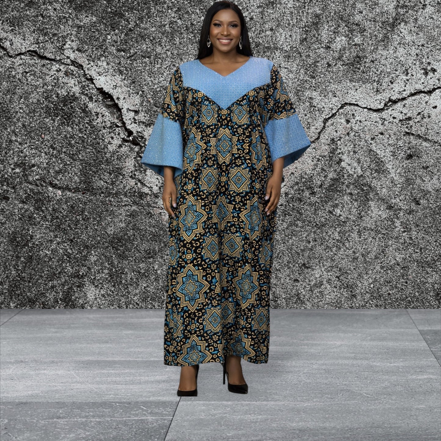 CRZ 60 Inches Long Ankara Dress Embellished With Rhinestones