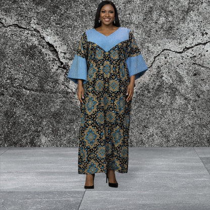 CRZ 60 Inches Long Ankara Dress Embellished With Rhinestones