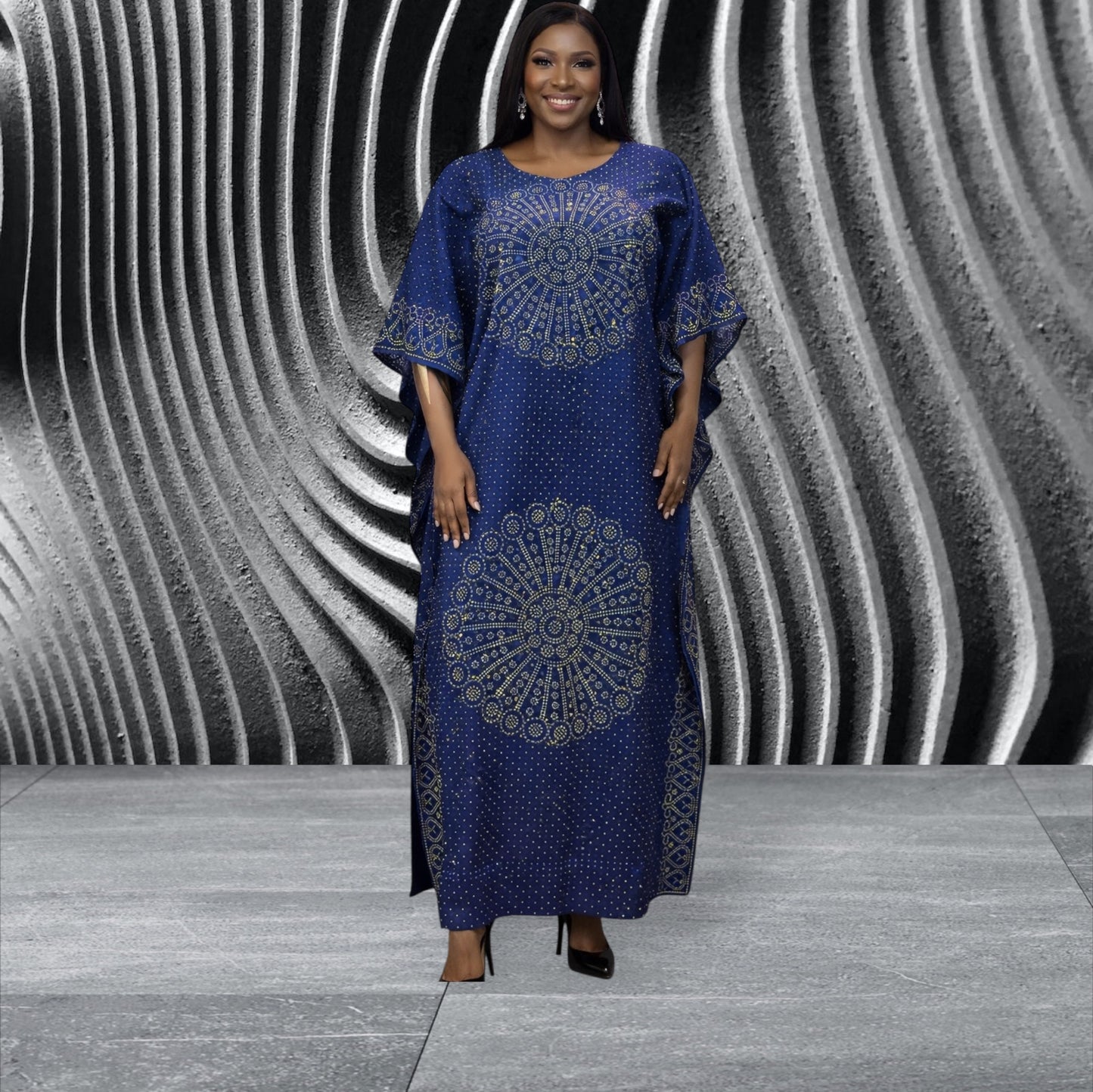 CRZ 60 Inches Long Ankara Dress Embellished With Rhinestones