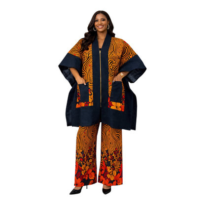 CRZ Royal Apparel Ankara Kimono Jacket and Pant Set With Zipper