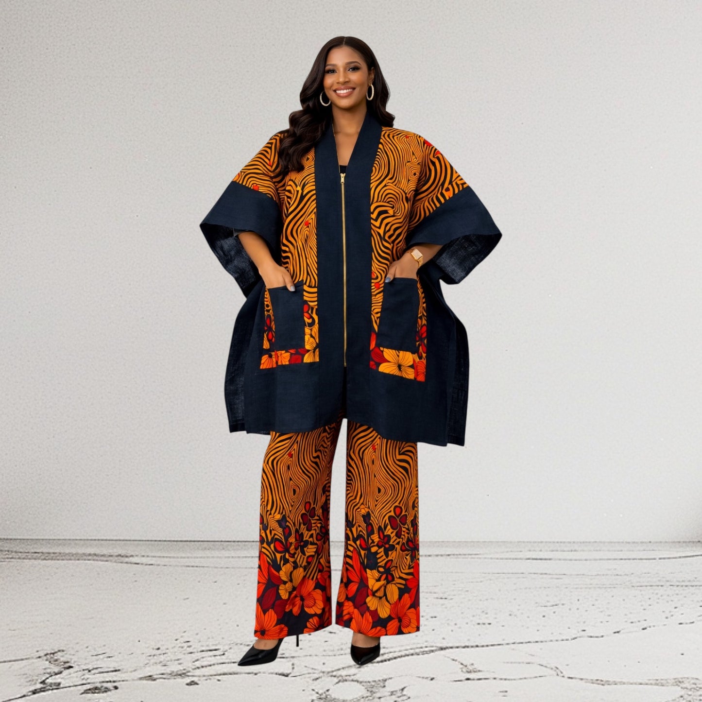 CRZ Royal Apparel Ankara Kimono Jacket and Pant Set With Zipper