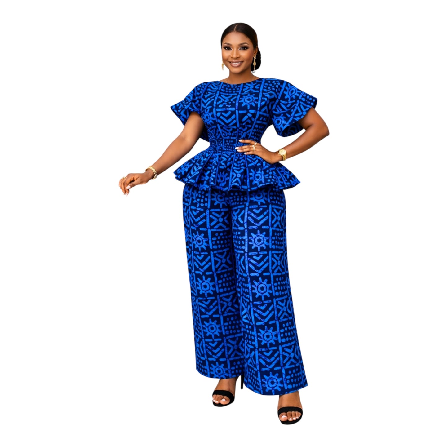 Crescenza Elegant Peplum Top With Smoke Waist and Pant Trouser